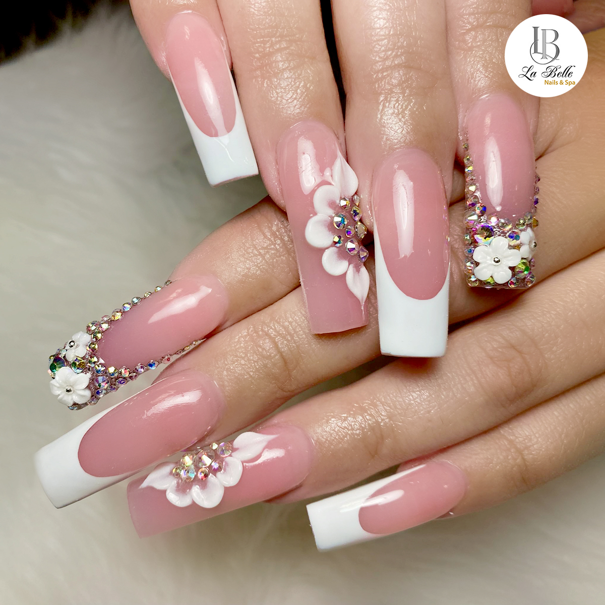 Top 5 pink and white nail art design at La Belle Nails & Spa in Manteca ,CA 95336